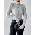 thumbnail image 3 of Women'S Mock Turtle-Neck Long Sleeve Shirts Fall Ribbed Tops Fleece Basic Layering Soft Thermal Undershirts Tee Gray 5XL, 3 of 6