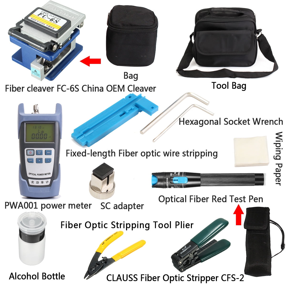 11pcs Pro Fiber Optic FTTH Tool Kit FC-6S Cutter Fiber Cleaver Screwdriver Plier 