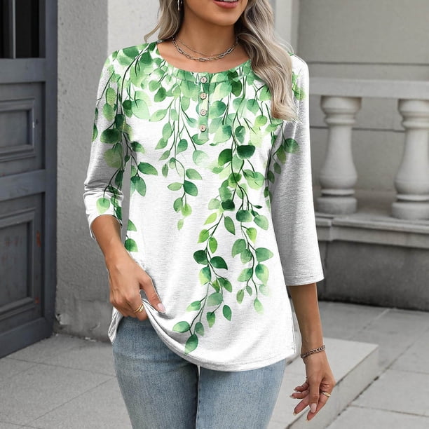 TaTaai Daily Wear T-Shirt Soft Skin-Friendly Women's Fashion Printed Button Round Neck 3/4 Sleeve Loose Casual All Season Fashion Top Gift