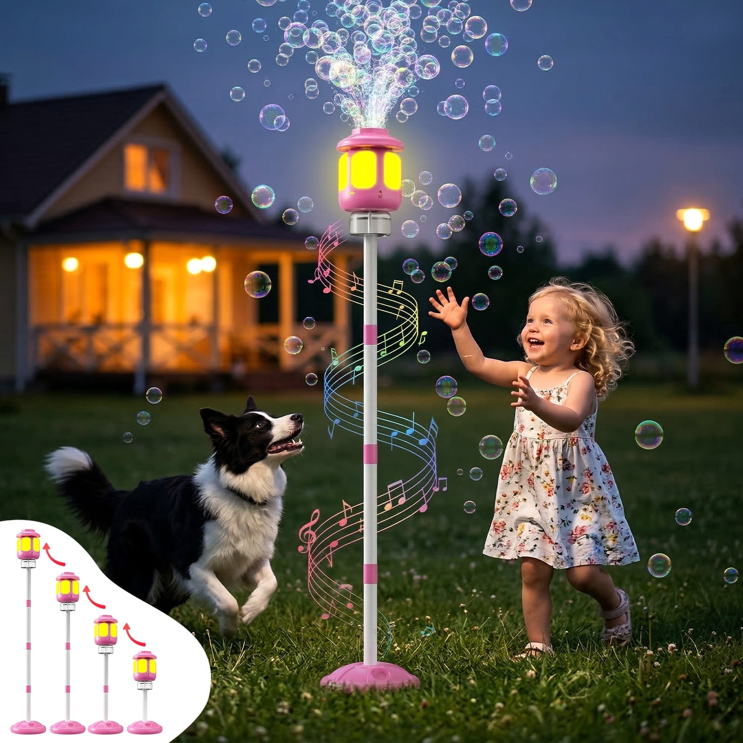 WonderStone Lamp Bubble Machine, Bubble Blower and Wand with Music & Lights, Equipped with 180 ml Bubble Solution and 4 Adjustable Heights, Summer Outdoor Toys for Toddlers, Pink