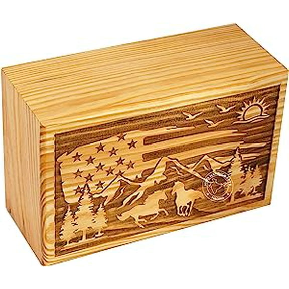 Handcrafted Mountain Wooden Cremation Urns for Human Ashes Adult Large - Tree of Life Funeral Urn Box - Burial Urns for Columbarium (250 LB - PineWood, American Flag)