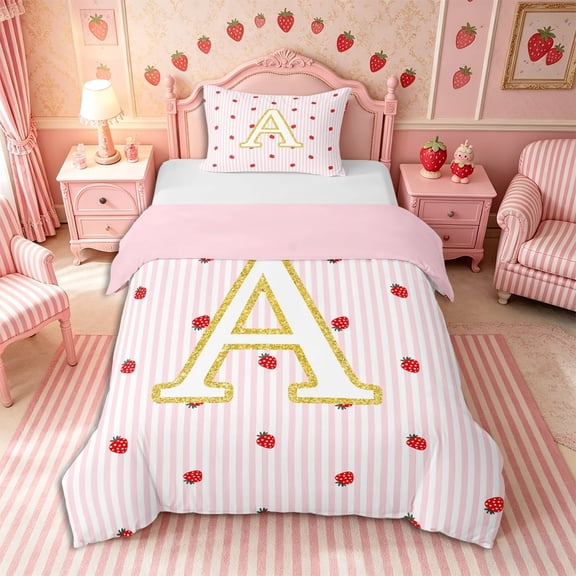 Meiyoeat Cute Gold Letter A Twin Duvet Cover for Girls, Strawberry Stripe Print Twin Bedding, Pink Red,Pink Reversible,2pcs,No Comforter