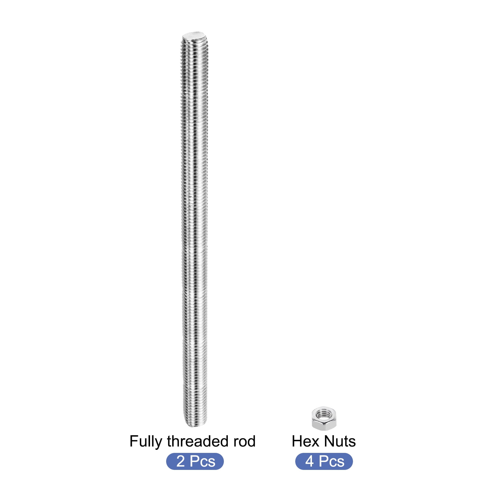 2Pack M16 x 250mm Fully Threaded Rod with 4 Pack Hex Nuts, 1.25mm Thread Pitch 304 Stainless Steel