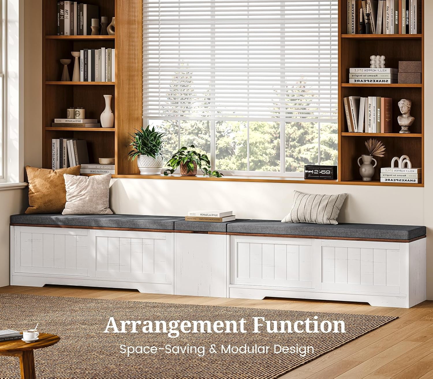 Frhnenha L Shape Corner Bench with Storage, Breakfast Nook Bench with Cushion and Slide Barn Doors for Entryway, Hallway, Living Room, White Brown