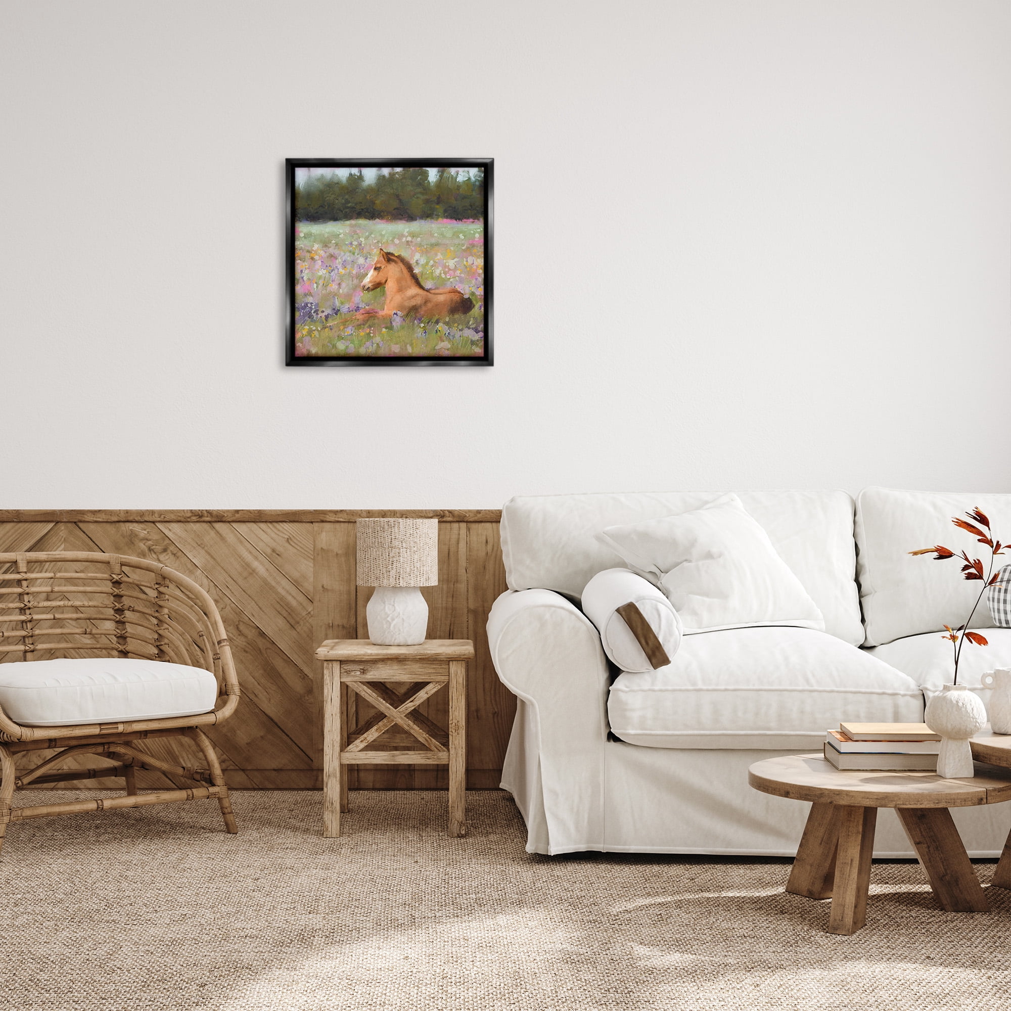 Stupell Industries Foal Horse Lounging Flower Meadow Animals & Insects Painting Black Floater Framed Canvas Art Print Wall Art, 25 x 25