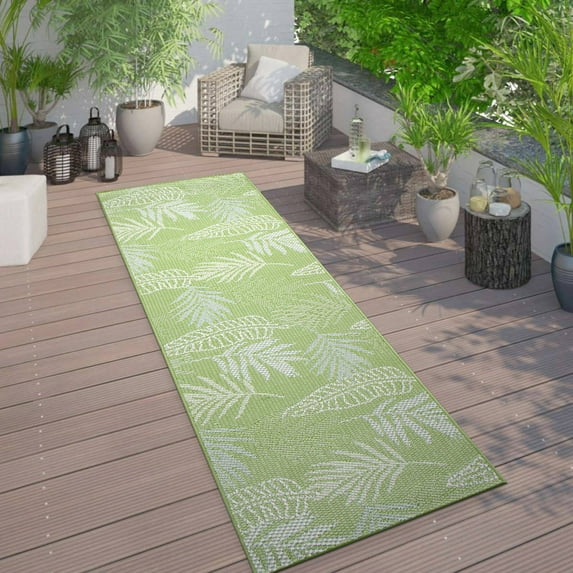 Contemporary Floral Leaves Indoor/Outdoor Flatweave Waterproof Backyard Patio Green 2'x7' Runner Rug
