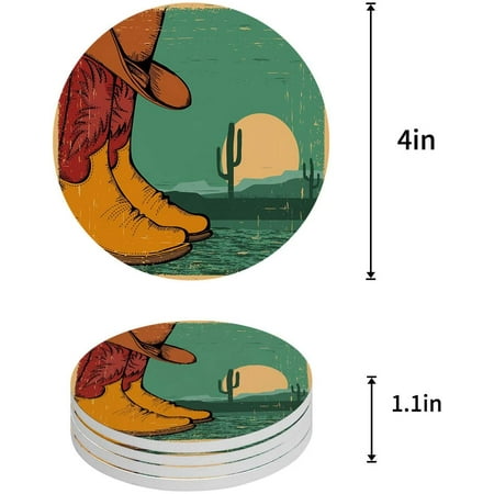 

ZHANZZK West Cowboys Shoes Cactus Set of 6 Round Coaster for Drinks Absorbent Ceramic Stone Coasters Cup Mat with Cork Base for Home Kitchen Room Coffee Table Bar Decor