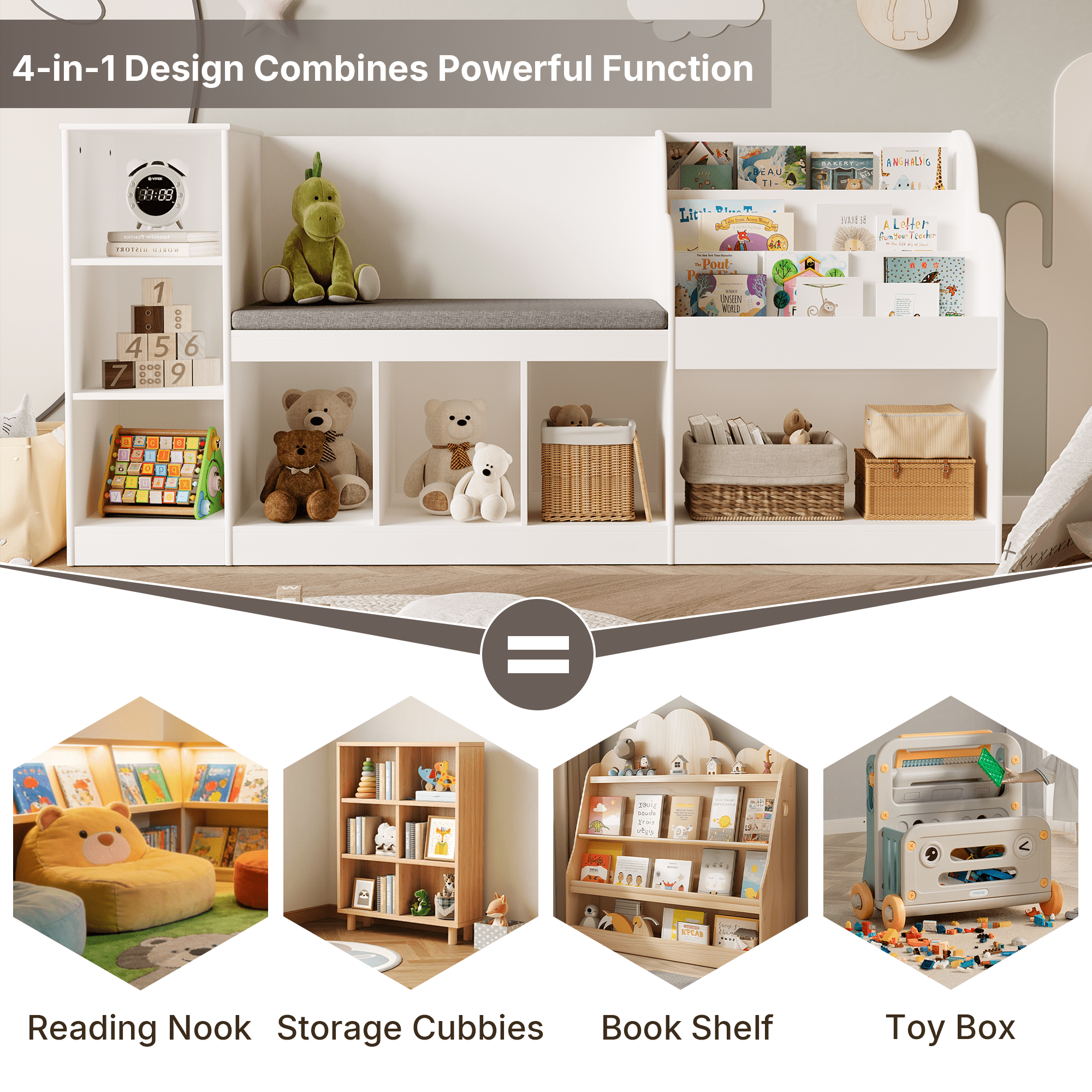 Lofka Kids Bookshelf with Reading Nook & Toy Storage - 3-Tier Bookshelf, 7 Cube Organizer, Double Seat & Anti-Tip Design - Perfect Children’s Bookcase & Playroom Furniture (White)
