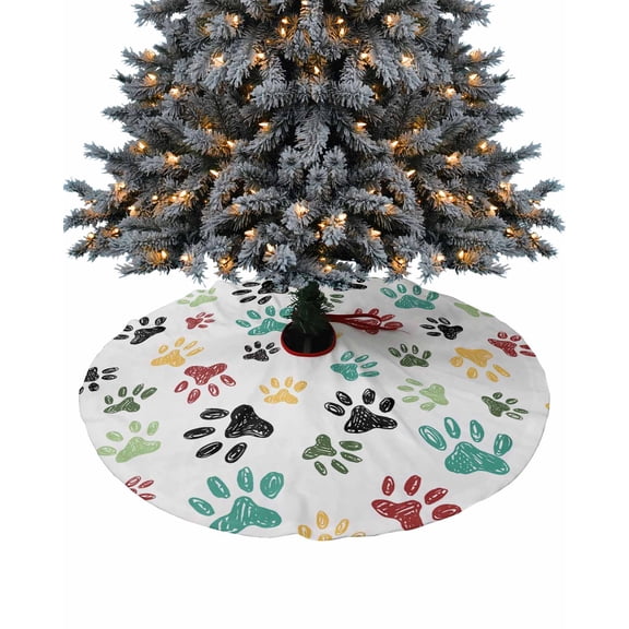 Colorful Paw Print Christmas Tree Skirt 36 Inches Large Christmas Skirt Tree, Watercolor Dog Paw Prints Tree Skirt Christmas Decorations for Fireplace Party Holidays Indoor Outdoor