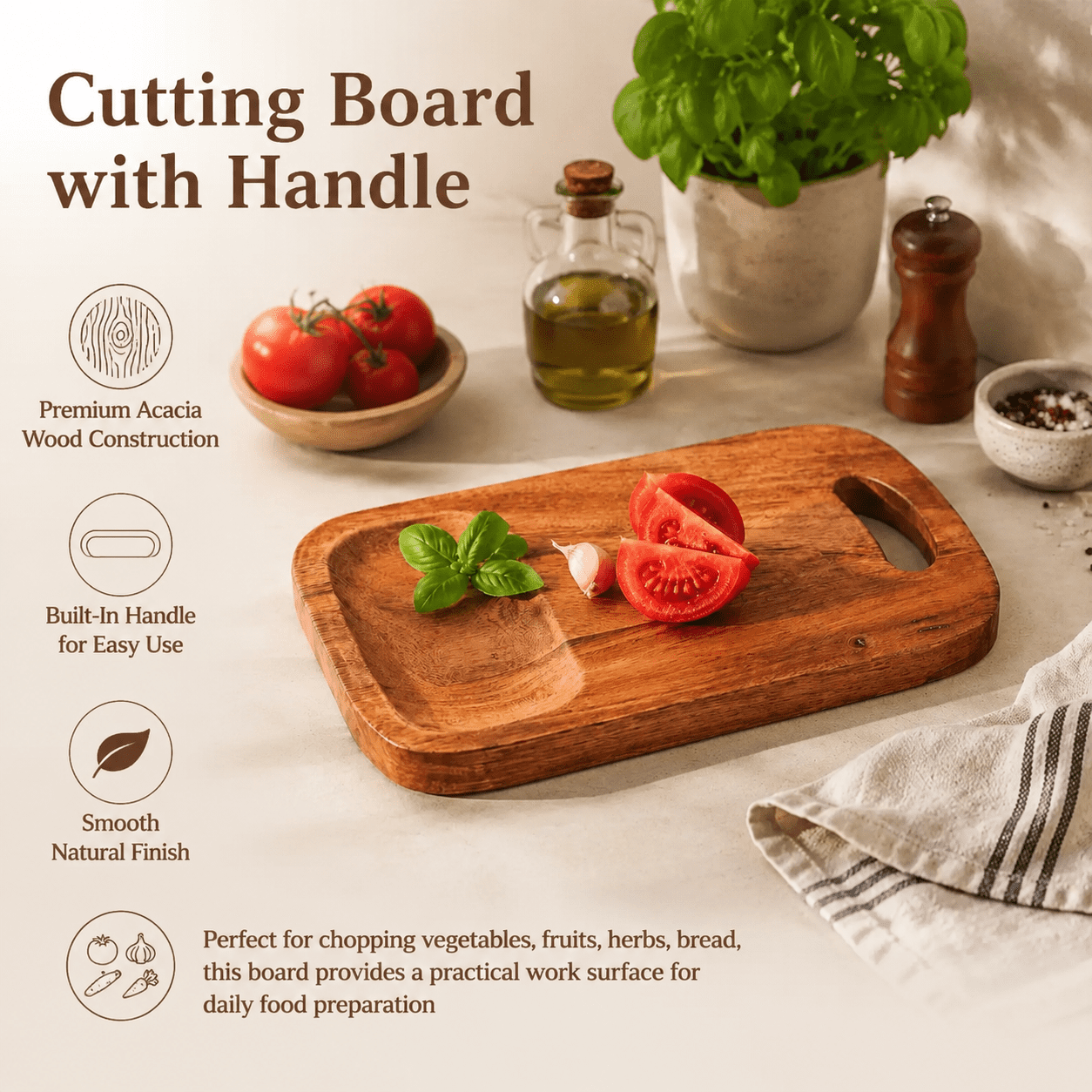 Acacia Wood Cutting Board with Built-In Handle, Handcrafted Wooden Chopping Board, Natural Finish Kitchen Prep & Serving Board for Bread, Cheese, Fruits & Charcuterie, 7.75 x 0.75 x 12 Inches
