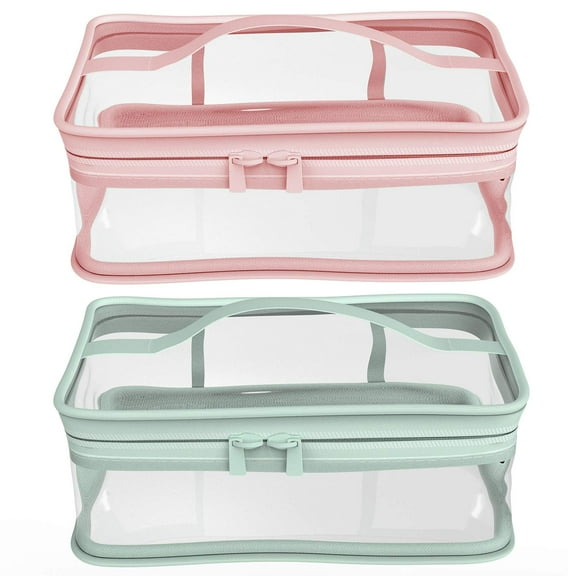 Clear Makeup Bag, WeiDongzhuo	 Double Layer Plastic Cosmetic Bag with Zipper, Waterproof Toiletry Travel Bag Organizer, Green, Pink
