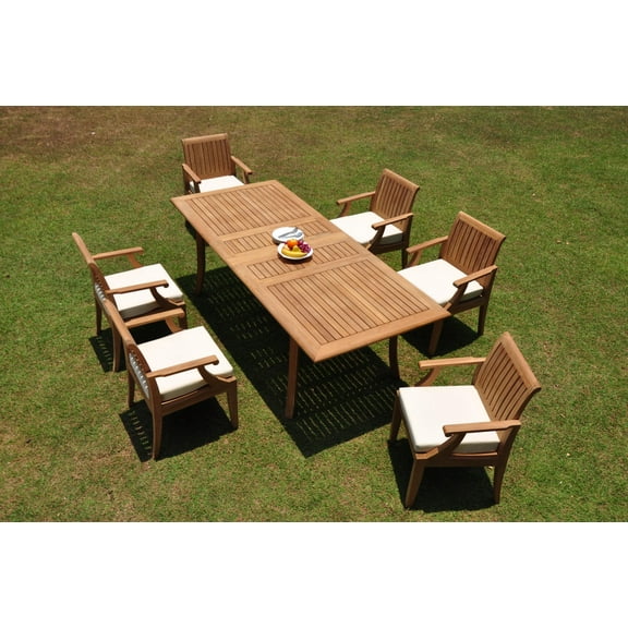 Grade-A Teak Dining Set: 6 Seater 7 Pc: 94" Double Extension Rectangle Table And 6 Lagos Arm Chairs Outdoor Patio WholesaleTeak #WMLGg