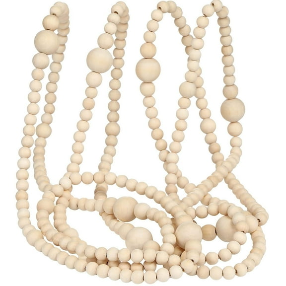 12ft Christmas Wooden Beads Garland for Xmas Tree, Farmhouse Vintage Wood Bead Decoration, Holiday Home Décor Supplies, Natural Color, Garland