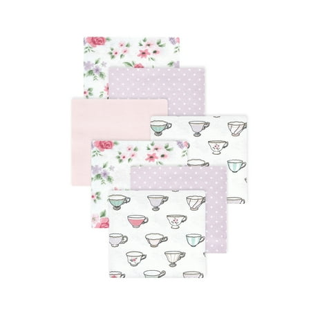 Little Treasure Hudson Baby Girls Cotton Poly Flannel Receiving Blankets 7-Pack, Purple Tea Party, 30x30 inches