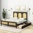 thumbnail image 2 of Full Size Platform Bed with 2 Drawers, Mid-Century Storage Bed with Rattan Headboard and Footboard, Wooden Bed Frame with Slats Support, No Box Spring Needed, Black, 2 of 9