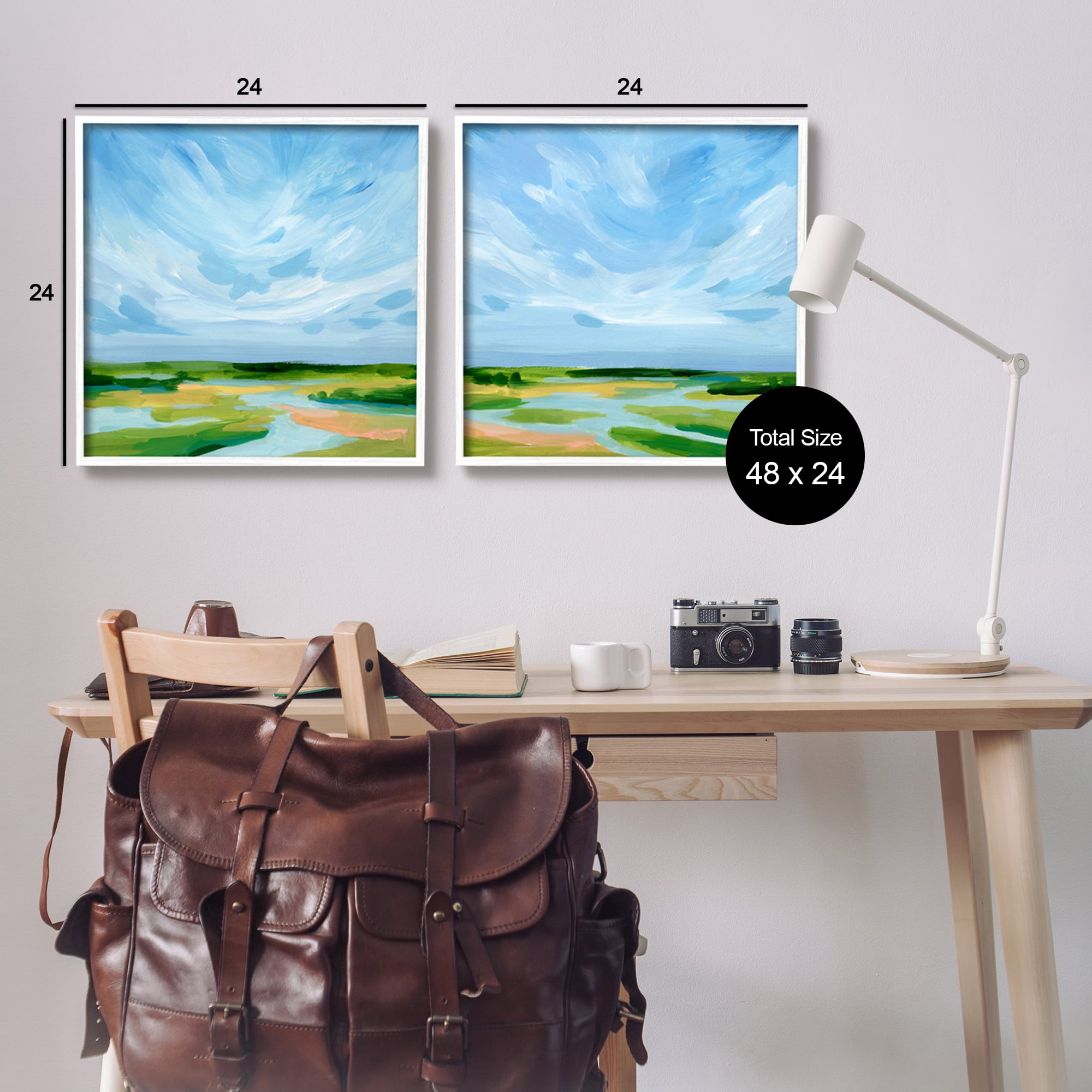 Stupell Industries River Landscape Painting Nature Painting White Framed Art Print Wall Art, 24 x 24, Set of 2
