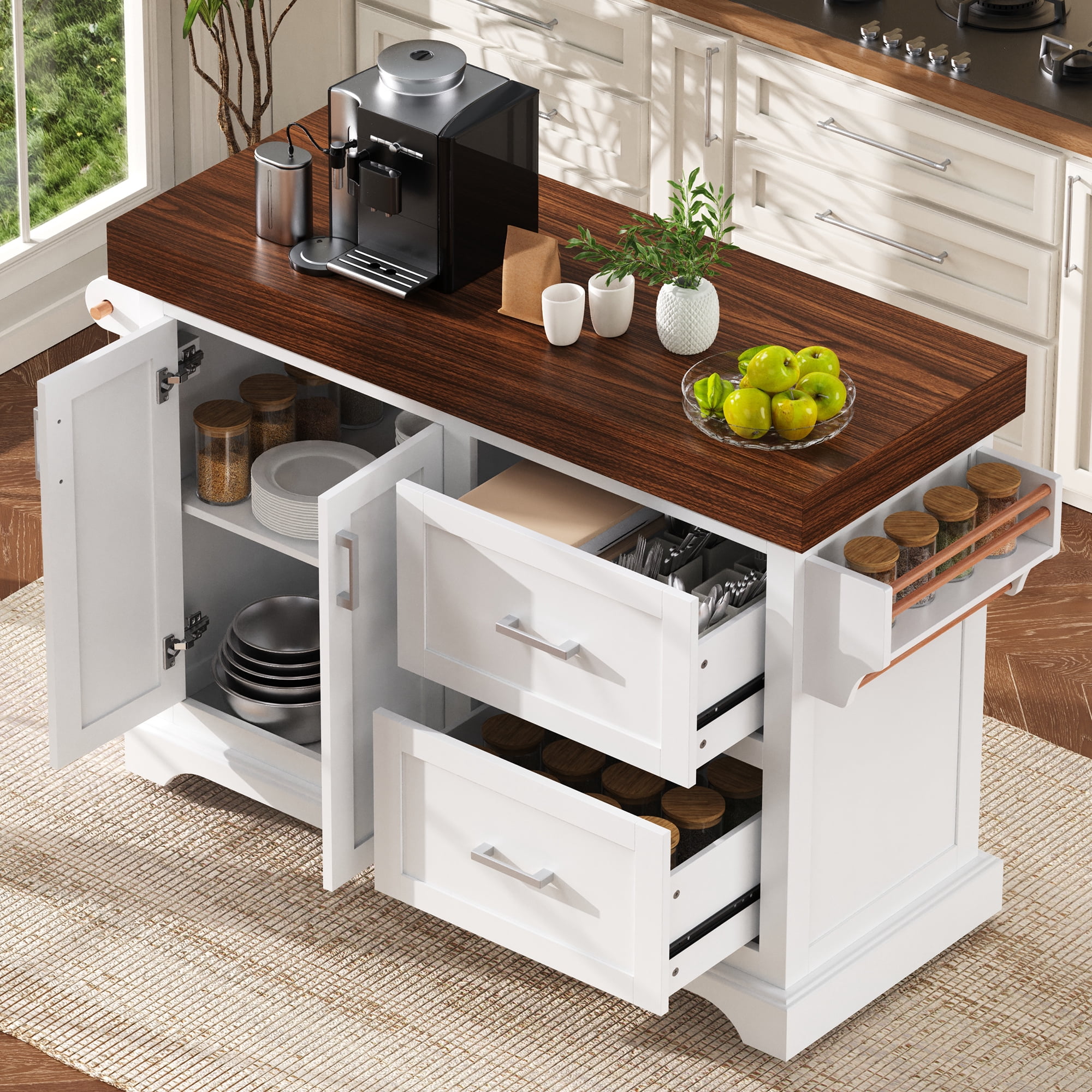 Alvantor Large Kitchen Island with Drop Leaf, 53" W Rolling Kitchen Cart with 3.5" Thick Desktop for Dining Room White