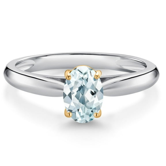 Gem Stone King 10K White and Yellow Gold Sky Blue Aquamarine Solitaire Engagement Ring for Women (0.75 Cttw, Oval 7X5MM, Gemstone March Birthstone, Size 8)