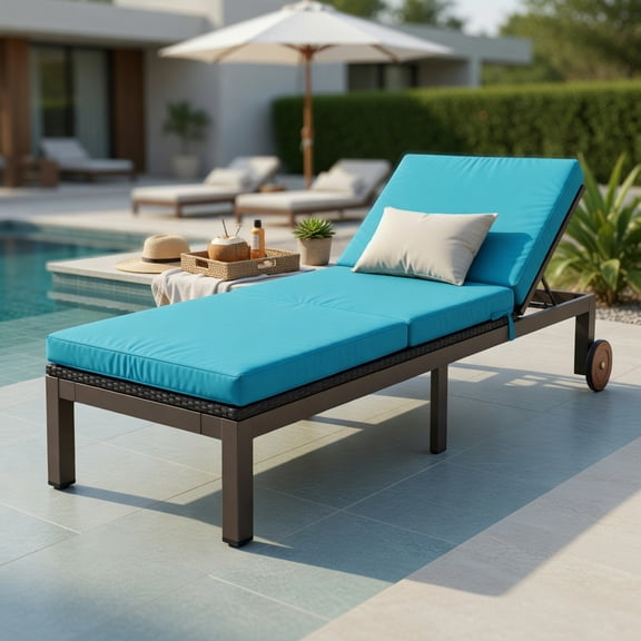 Hommoo Outdoor Chaise Lounge Chair, PE Rattan & Acacia Wood Recliner with Adjustable Backrest, Wheels & Removable Cushion for Patio, Deck, or Poolside, Turquoise