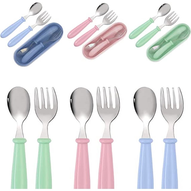 Nvzi 6Pcs Children Flatware, Toddler Spoons & Forks for Kids, Stainless Steel Kids Flatware, Baby Safe Utensils with Travel Carrying, Ideal for Home Restaurants & Preschools Pink Green Blue K-M050