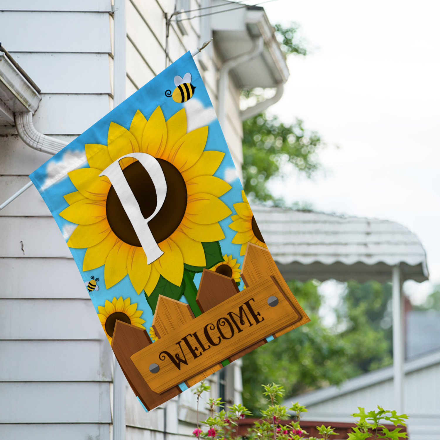 America Forever Spring Monogram House Flag Letter P 28 X 40 inches Double Sided Vertical Outdoor, Yard, Lawn, Beautiful Bright Sunlowers, Floral Design, Honeybee, Summer Welcome House Flag