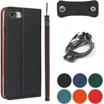 iPhone 8 Plus Genuine Cowhide Leather Wallet Case,Headset Winder,Flip Folio Magnetic Closure,Card Holder Slots,Kickstand,Cash Pockets Wrist Strap Cover Case for iPhone 7 Plus,5.5",Black