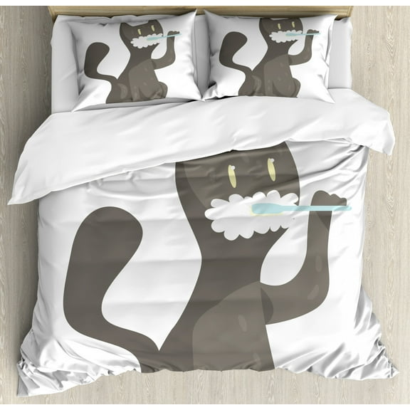 Cat Duvet Cover Set King Size, Pet Brushing Teeth Nursery Childish Illustration Animal Grooming, Decorative 3 Piece Bedding Set with 2 Pillow Shams, Charcoal Grey Pale Blue and White, by Ambesonne