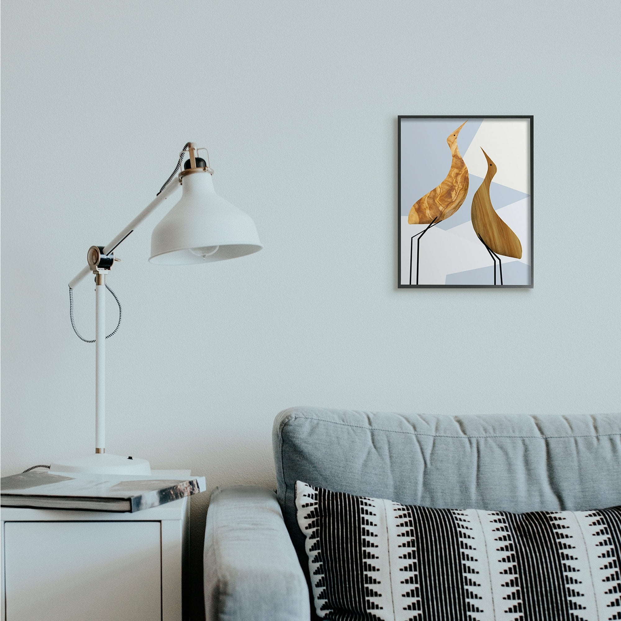Stupell Industries Tall Tree Pattern Birds Blue Geometric Shapes Gray Framed by Daphne Polselli
