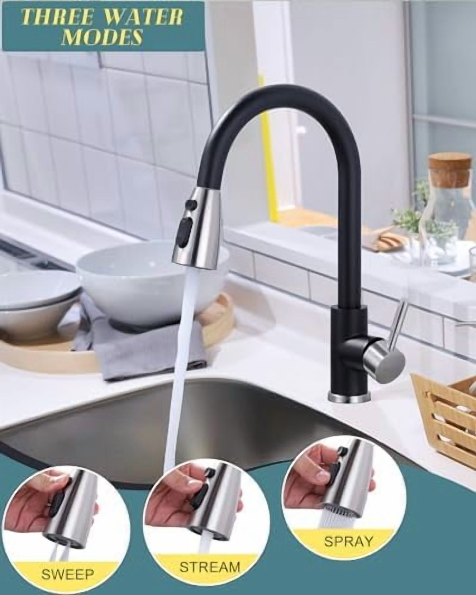 Kitchen Faucets for Sink 1 or 3 Hole, High Arc Stainless Steel Kitchen Sink Faucet with Sprayer, Brushed Nickel and Black Faucet for Kitchen RV Laundry Sinks