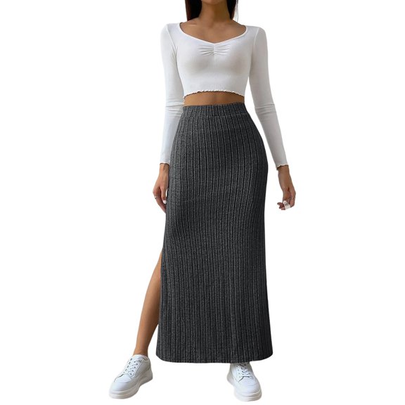 Quixlent Maxi Skirt with Side Slits High-Waisted Ribbed Long Skirt Solid Color Hip Wrapped Autumn Winter Long Skirt