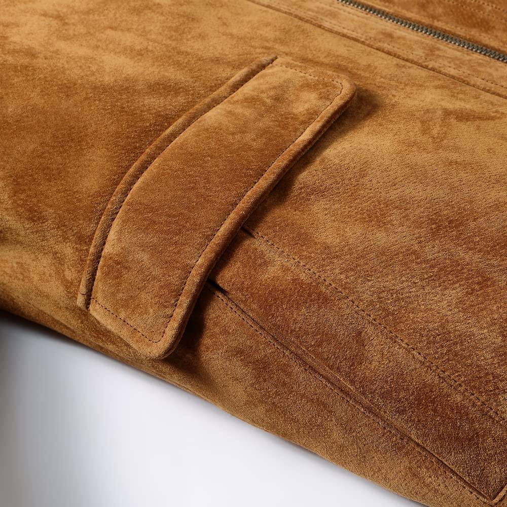 FLAVOR Men's Classic Leather Jacket Suede Winter Coat with Removable Collar (XX-Large, Brown)
