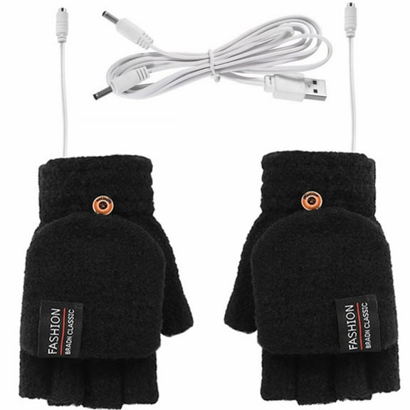 Winter Finger Gloves Monochrome Flip Winter Wool Warm Gray Open Finger Gloves for Men and Women USB Heating,black