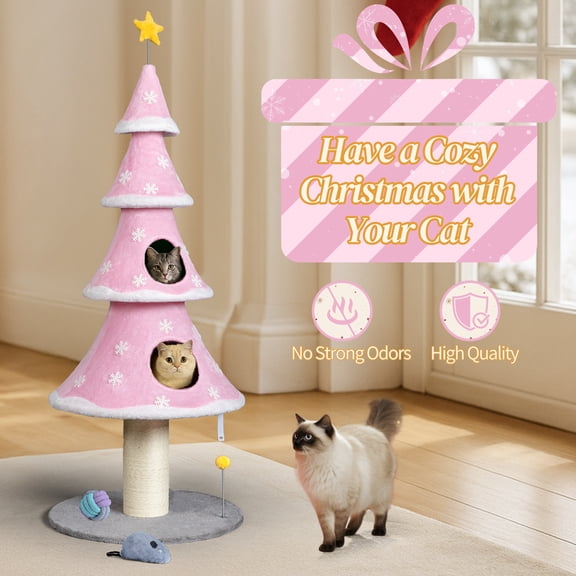 Christmas Tree Cat Tower, 59 in Tall, Pink, with 2 Cat Condos, Scratching Post, Teaser Toy, Sturdy Base, Soft Fleece, for Indoor Cats