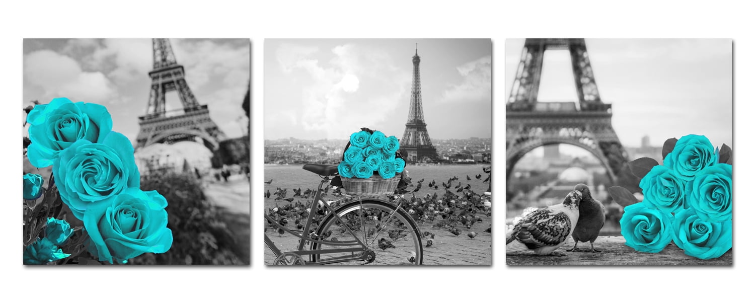 Teal Rose Canvas Wall Art Black White Eiffel Tower Turquoise Floral