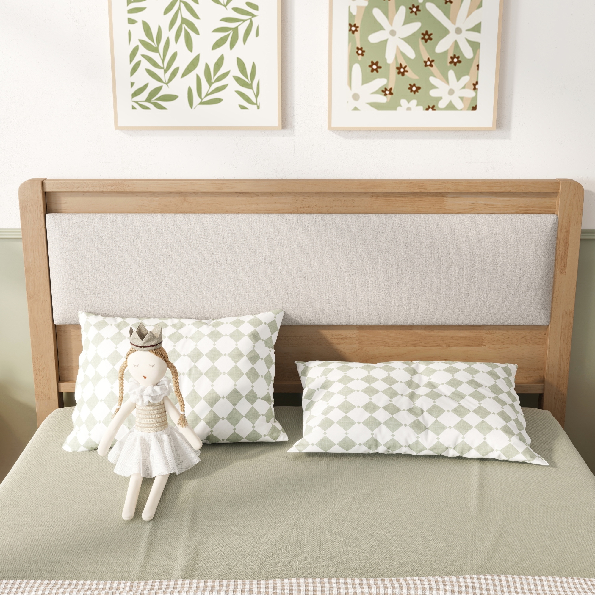 HOQBN Full Solid Rubberwood Bed Frame with Upholstered Headboard, Reinforced Central Support Legs for Bedroom Natural