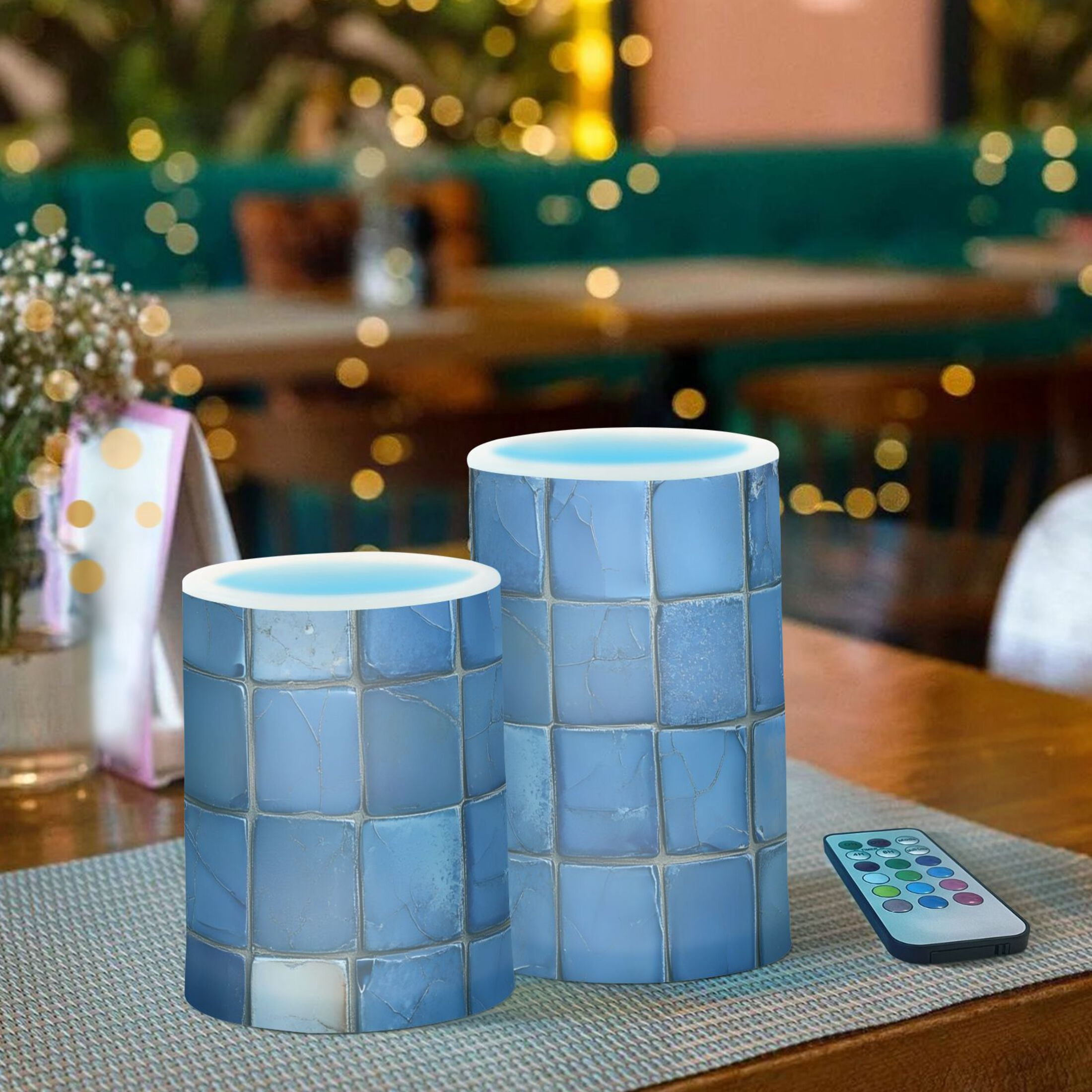 Dark Blue Square Flickering Flameless Candles Battery Operated with Remote Timer LED Pillar Candles Set of 2