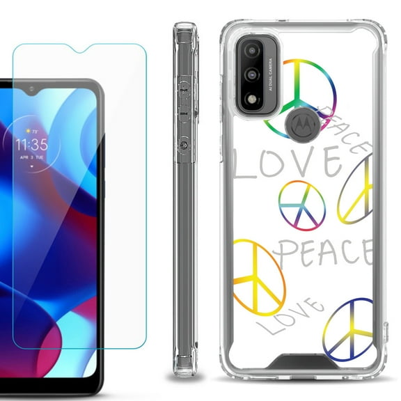 Shockproof Bumper Phone Case for Motorola Moto G Pure, with Tempered Glass Screen Protector, by OneToughShield ® - Love/Peace