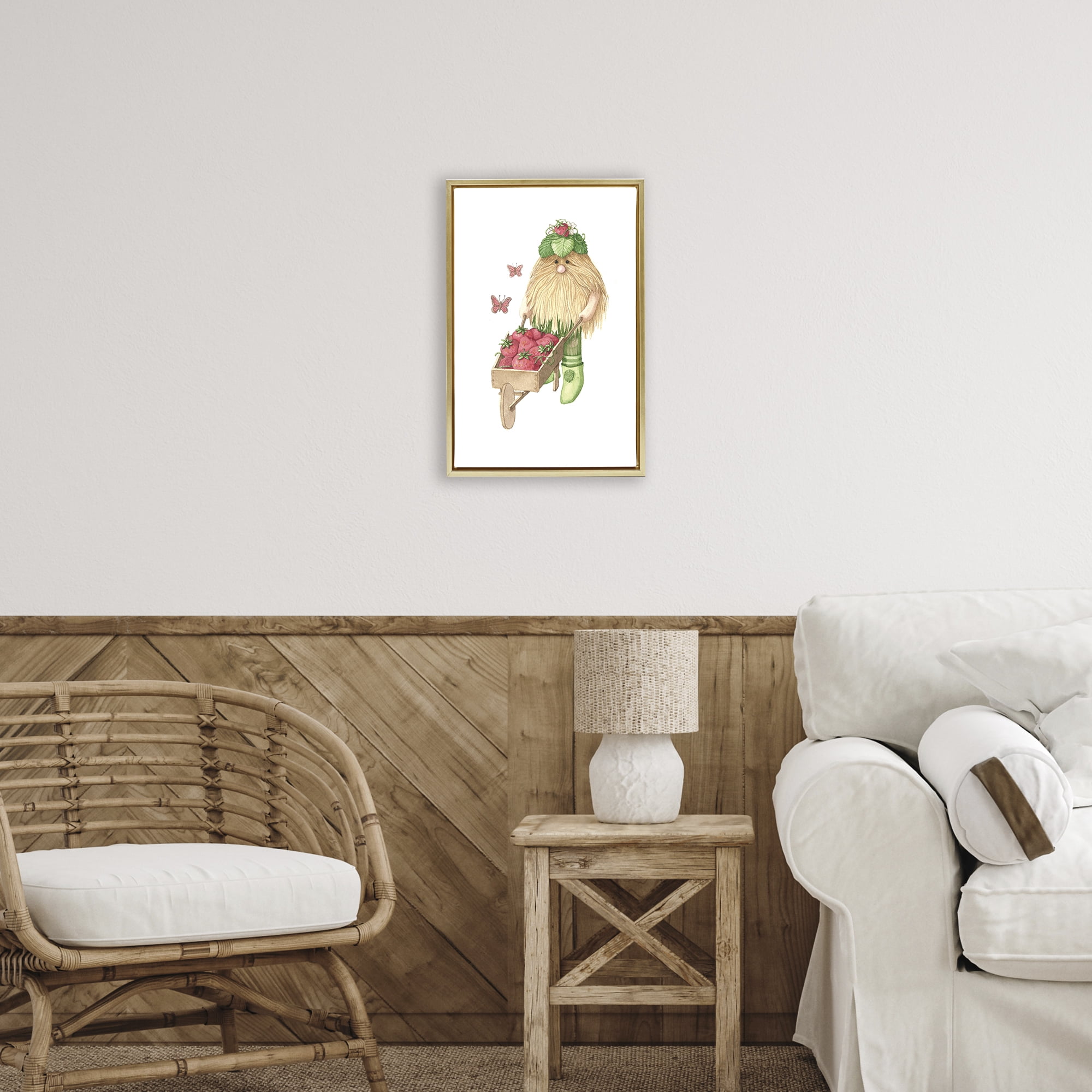 Stupell Industries Garden Elf with Wheelbarrow Gold Framed Floater Canvas Wall Art, design by Nancy Overton