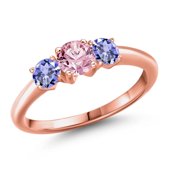 Gem Stone King 18K Rose Gold Plated Silver Pink Lab Grown Diamond and Blue Tanzanite Engagement Ring for Women | 1.10 Cttw | Round 5MM | Gemstone April Birthstone | Size 9