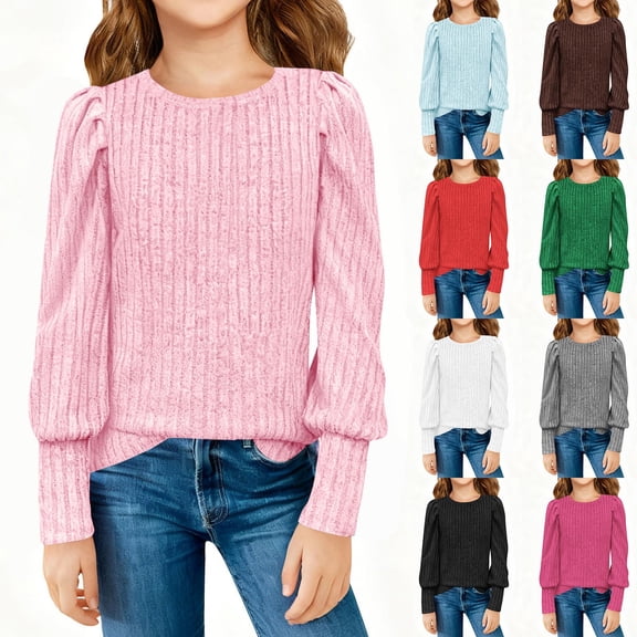 Miluxas Girls Puff Long Sleeve Shirts Kids Fashion Ribbed Knit Tops Blouse