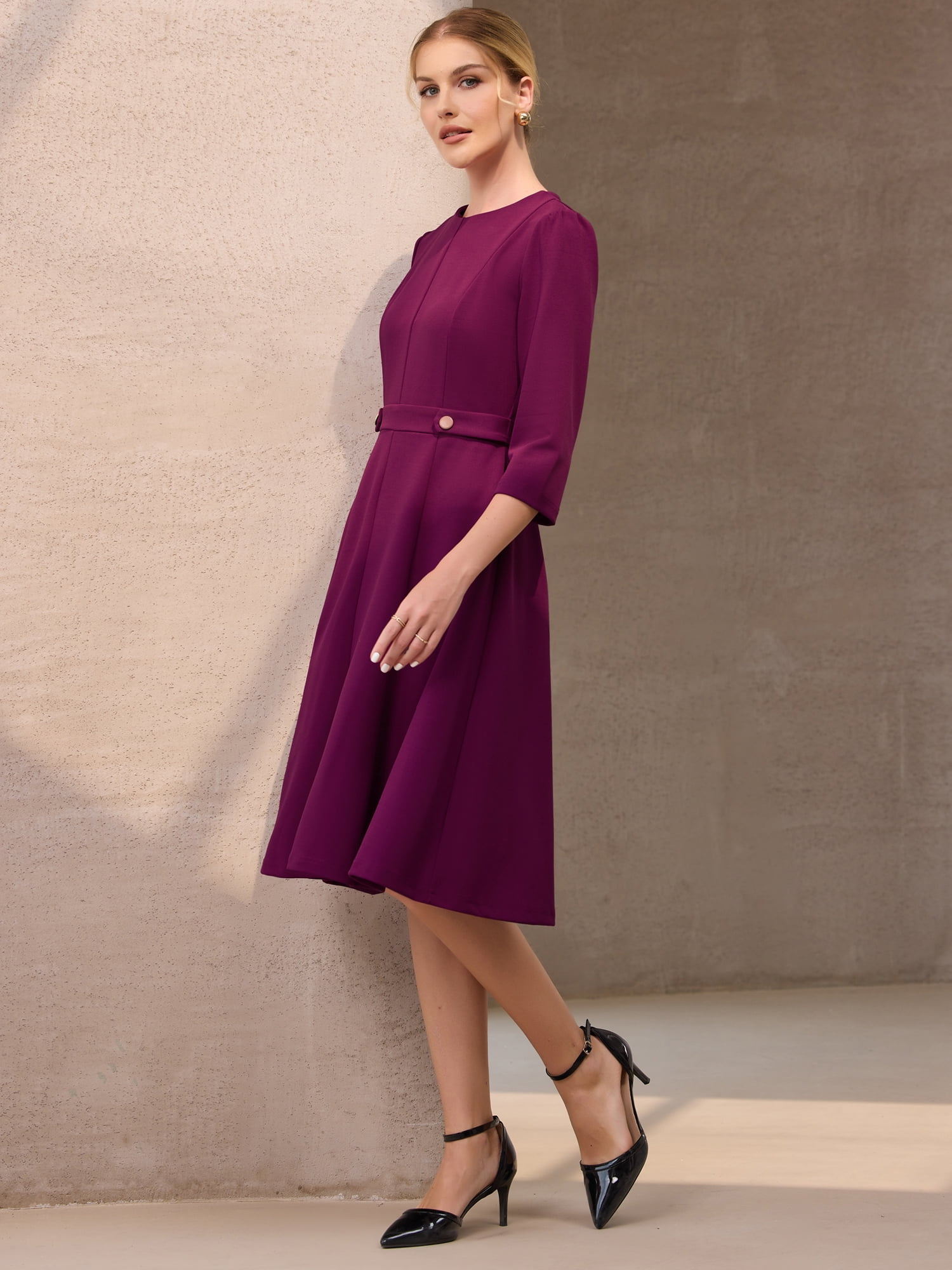 DARING DIVA 3/4 Sleeve A-Line Crew Neck Flare Midi Dress 2XL Purple