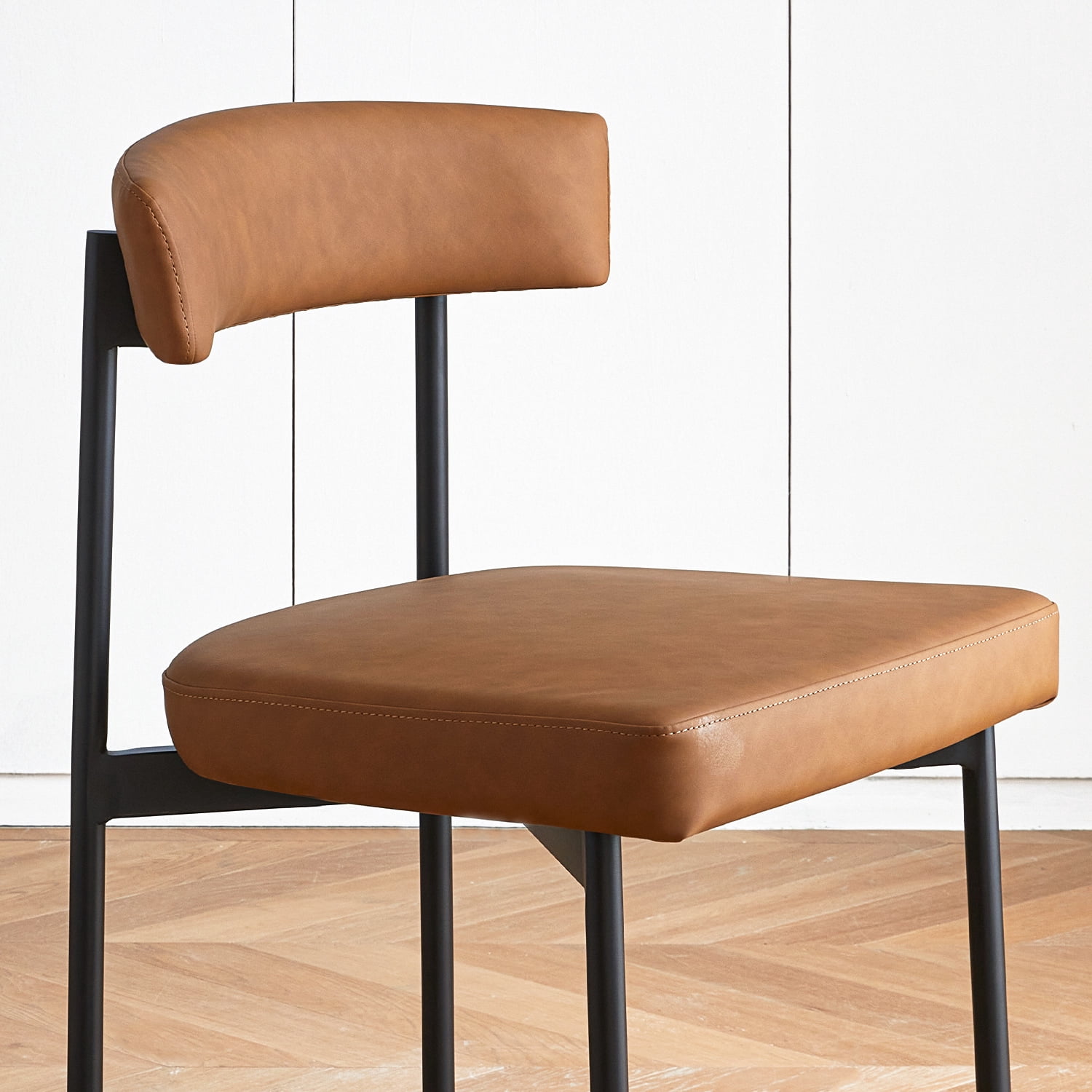 Brown Faux Leather Dining Chairs Set of 4, Armless Upholstered Kitchen Chair,Modern Dining Room Chair with Curved Backrest