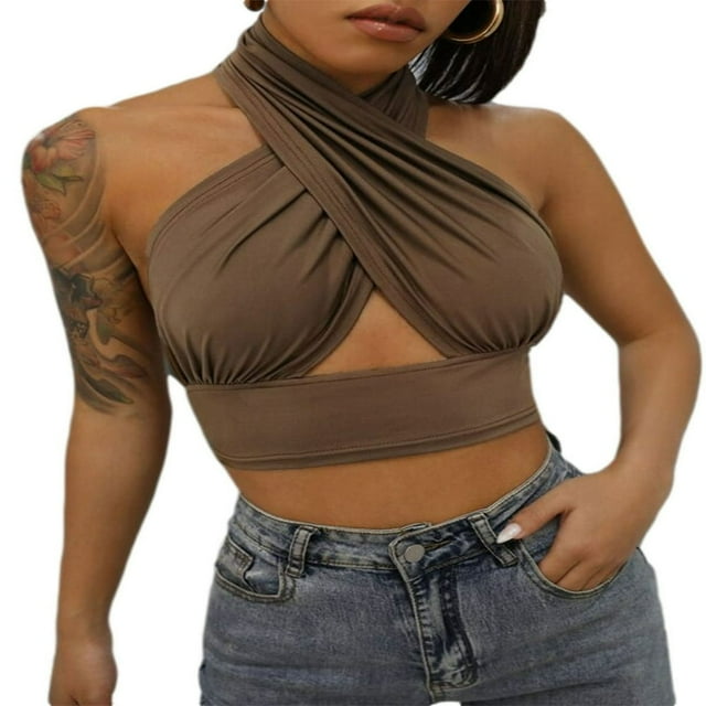 Women Summer Tank Tops Cross Halter Neck Crop Tops 4 Colors