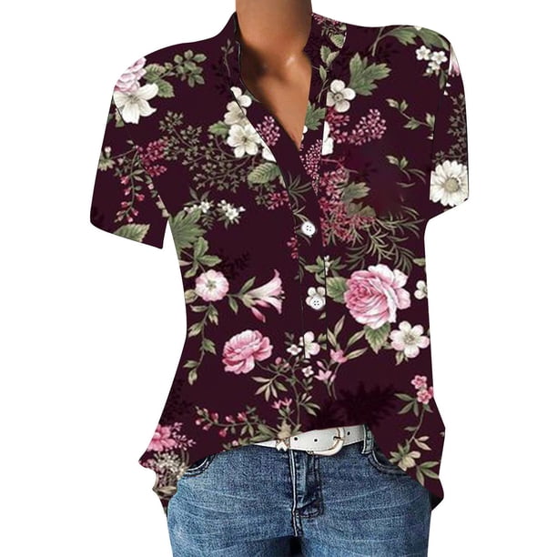 Camisas de verano para mujer, camisetas de manga corta con cuello en V para mujer con botones y estampado de flores OAVQHLG3B Store lin121212