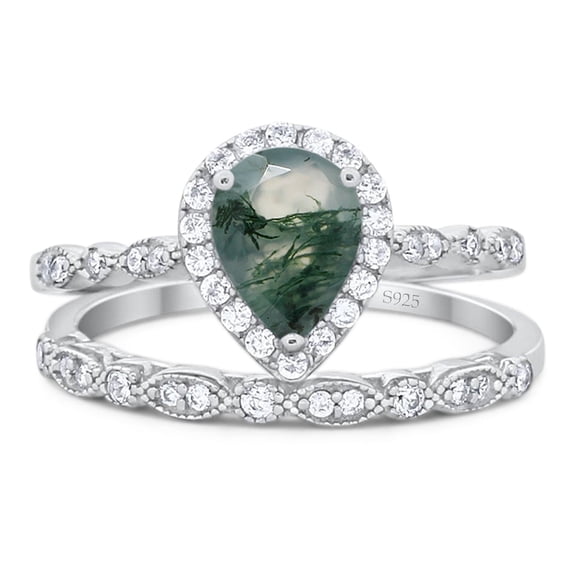 Natural Green Moss Agate Size-5 Art Deco Two Piece Pear Teardrop Vintage Style Halo CZ Wedding Set Engagement Ring 925 Sterling Silver Gifts For Her