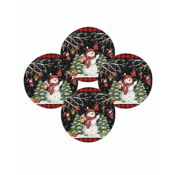 Christmas Round Placemats Set of 4 Snowman Xmas Trees Place Mats Washable Woven Placemat Ball Bell Red Plaid Snowflake Circle Braided Table Mat for Kitchen Dining Table Party Home Decor 15 Inch