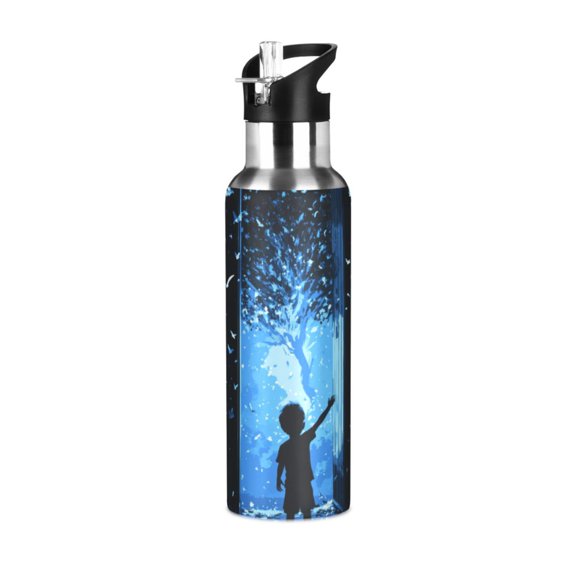 Yayeee 20oz Insulated Water Bottle Double Wall Stainless Steel with Flip Straw Lid, Blue Butterfly