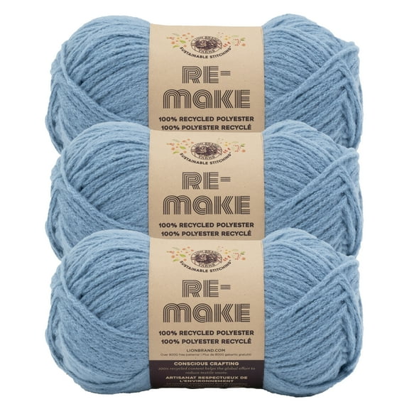Lion Brand Yarn Re-Make Azure Blue Medium Recycled Polyester Yarn 3 Pack