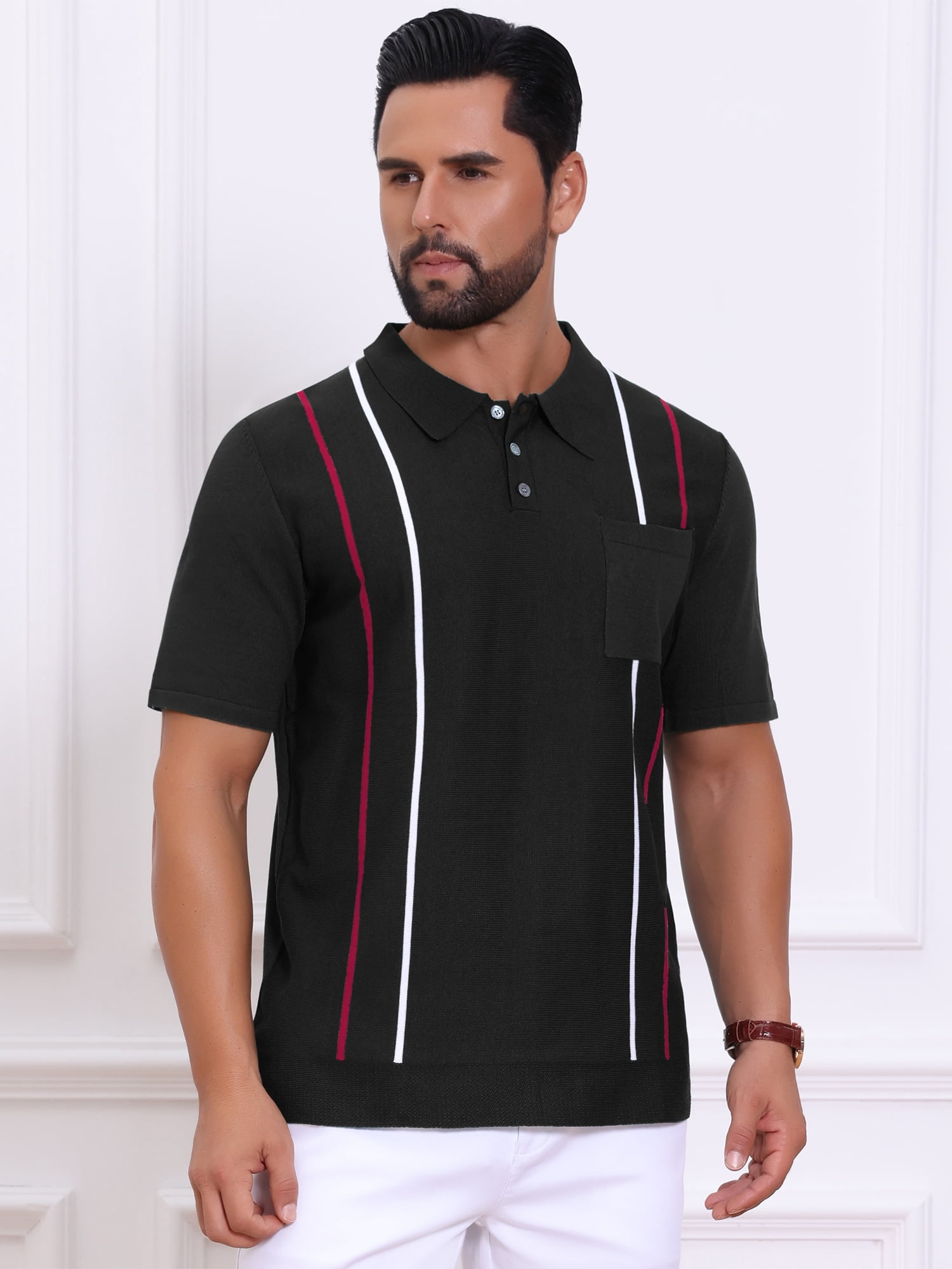 DARING DIVA Men's Striped Knit Chest Pocket Short Sleeve Vintage Golf Shirts 2XL Black