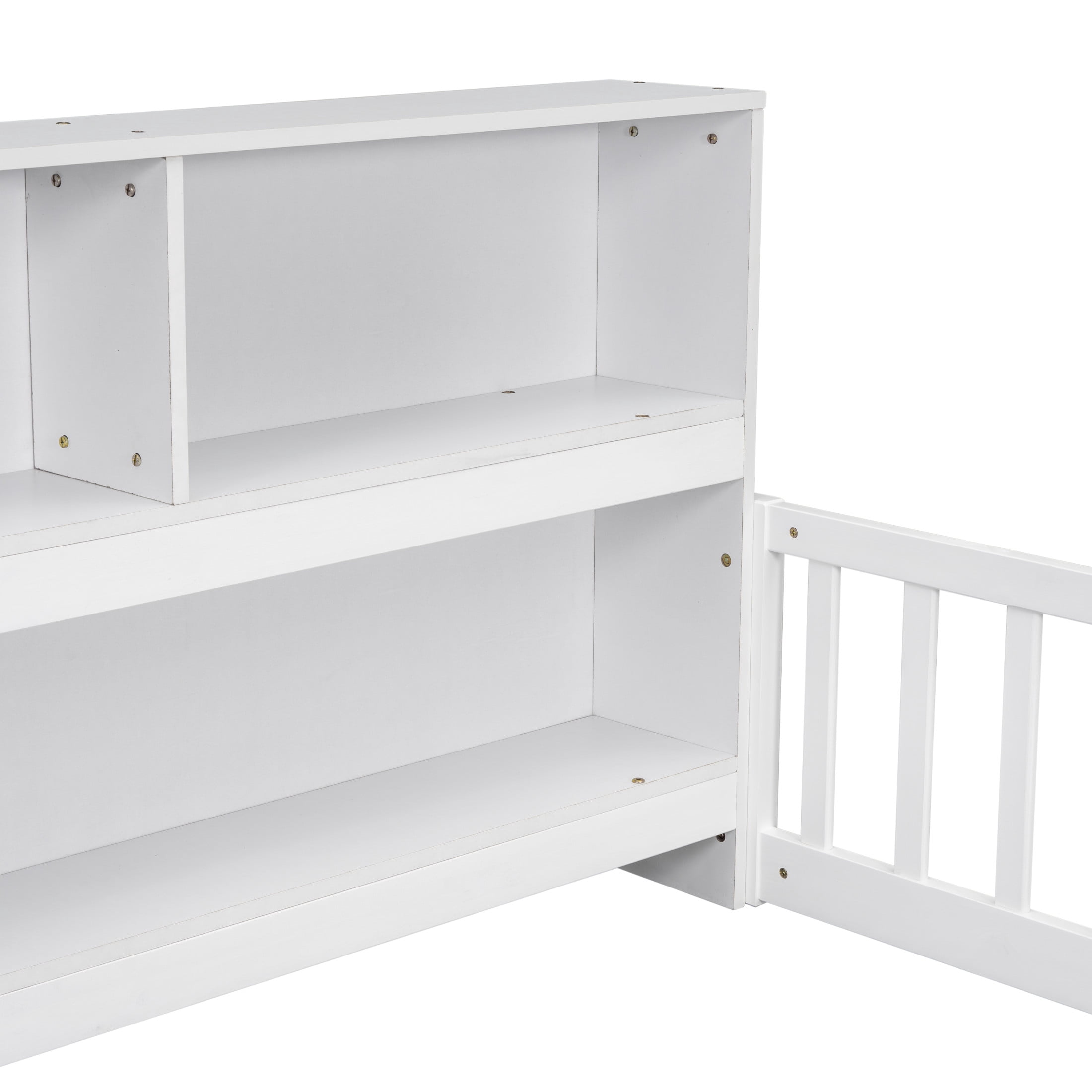 Noble House Lester Full Size Floor Bed, Pine Wood Frame with Side Bookcase, Shelves, and Guardrails for Kids, White